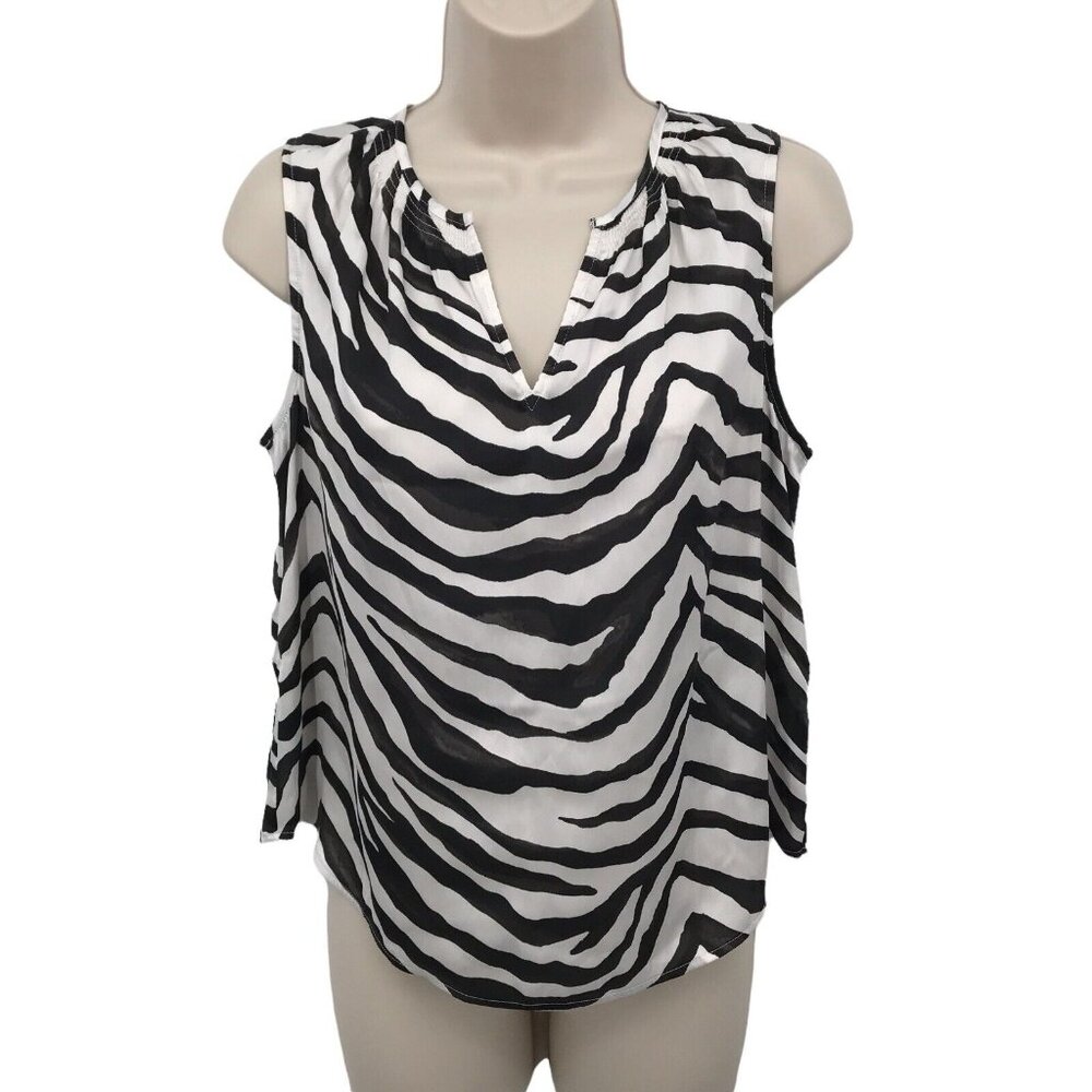 NWT Banana Republic Womens Black Sleeveless Split Neck Zebra Print Blouse SP
